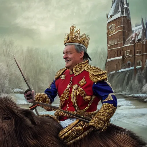 Image similar to an extremely realistic portrait depicting the coronation of viktor orban dressed in royal national costume, riding a hog on the frozen danube, close up, intricate, elegant, highly detailed, digital painting, artstation, concept art, smooth, sharp focus, illustration,