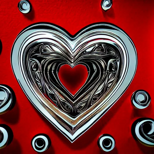 Image similar to a chrome carved heart, highly detailed, intricate artwork, graphic style of Patrick Gleason very coherent symmetrical artwork, depth of field, bokeh, red color