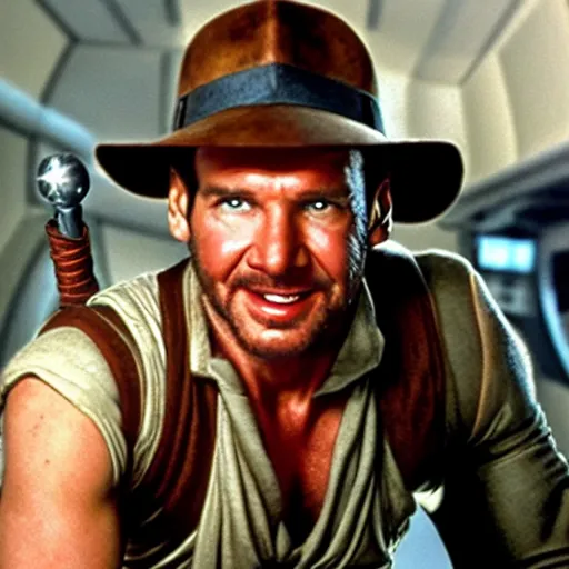 Image similar to indiana jones piloting the millennium falcon in star wars