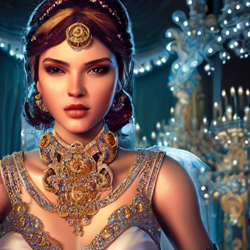 Image similar to portrait of pretty princess with perfect skin, glowing, ornate and intricate diamond jewelry, jaw dropping beauty, ornate and intricate backdrop, white accent lighting, hyper detailed, 4 k octane render