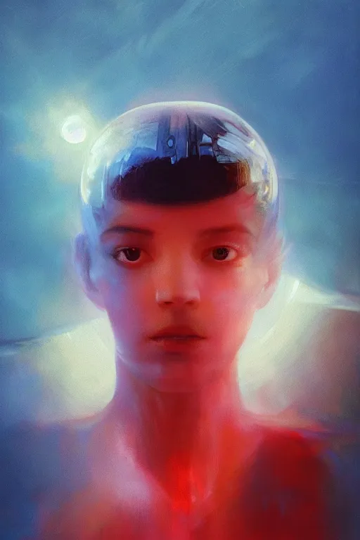 Image similar to 3 d, sci - fi, morning, sleepy fashion model face, sun, cinematic, lightning, clouds, vogue cover style, stanley kubrick, light red and deep blue mood, realistic painting, intricate oil painting, high detail, figurative art, multiple exposure, poster art, 3 d, by tooth wu and wlop and beeple and greg rutkowski