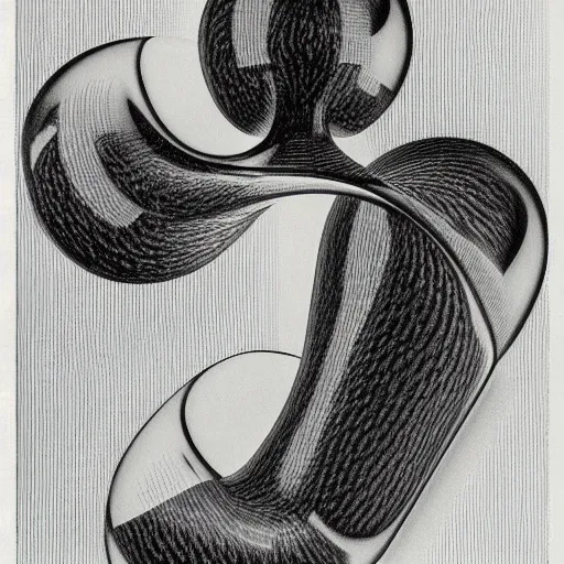 Prompt: black and white lithograph by m. c. escher of ants inside a klein bottle