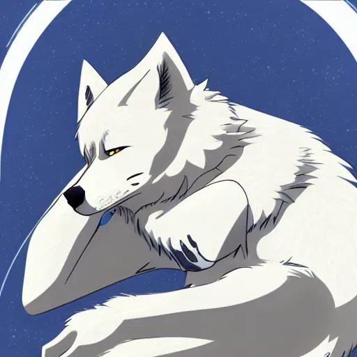 Image similar to anthropomorphic cream colored male wolf furry, relaxing on his head listening to music, modern anime style