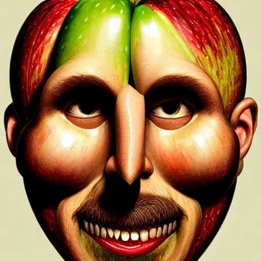Image similar to a pile of apples, apples, apples arranged in the shape of a face resembling steve jobs, apples, fantasy, intricate, elegant, highly detailed, lifelike, photorealistic, digital painting, artstation, illustration, smooth, sharp focus, art by giuseppe arcimboldo