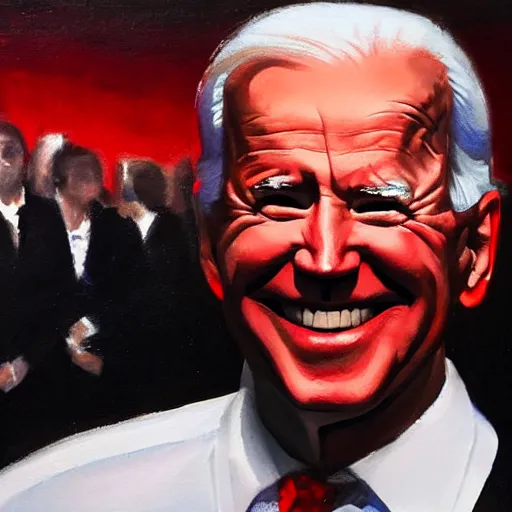 Prompt: Biden smiling with red glowing eyes staring at a crowd of people crying, oil painting