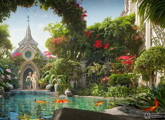 Image similar to ultra realistic, artstation, concept art, by artgerm and greg rutkowski and alphonse mucha and wlop cathedral interior with koi pond in the middle surrounded by palm trees, ivy, flowers, tropical plants, roses, and with archways. rendered in octane render with photorealistic lighting