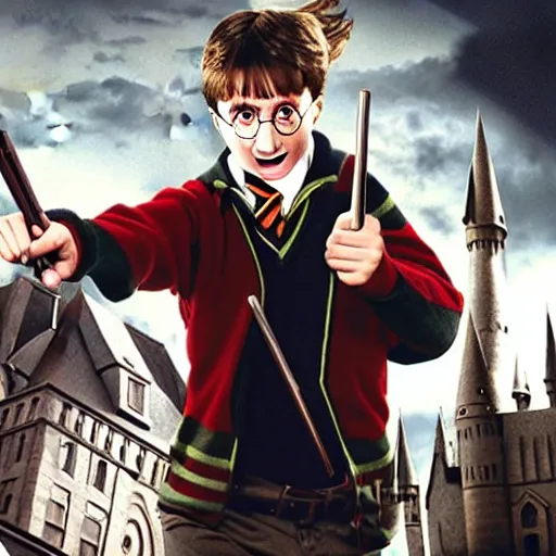 Prompt: Harry Potter with guns