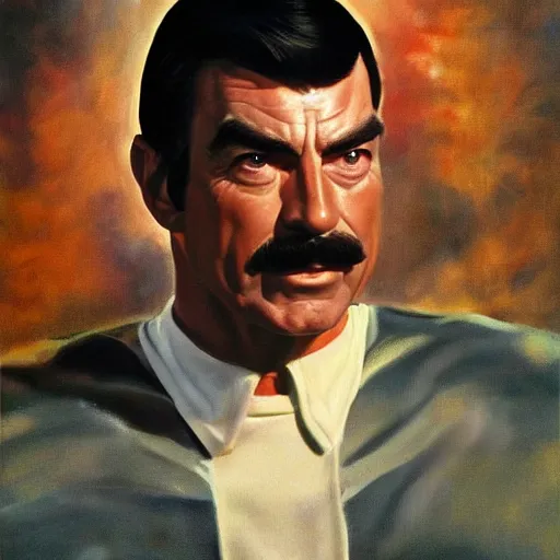 Image similar to ultra realistic portrait painting of tom selleck as spock, art by frank frazetta, 4 k, ultra realistic, highly detailed, epic lighting