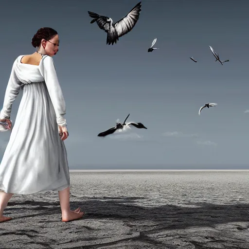 Prompt: a girl with long white long dress walking in white sand beach some crows around her by egon schiele and michael angelo, baroque, neo Gothic,matte painting, baroque detailes,photo real,concept art,highly detailed,sharp lines, hdri, 4k