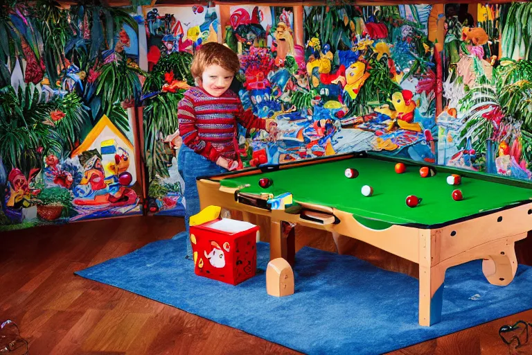 Prompt: fisher price pool table snowy jungle, studio photography 85mm