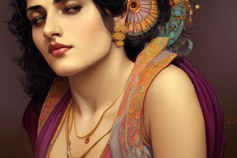 Image similar to sensual pale beautiful indian doctor in jeans, art deco portrait, elegant, intricate, digital painting, artstation, concept art, smooth, sharp focus, illustration, art by artgerm and greg rutkowski and alphonse mucha