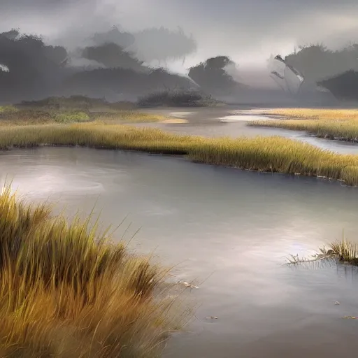 Image similar to salt marshes of Shangri-la, felix Kelly, digital art, artstation