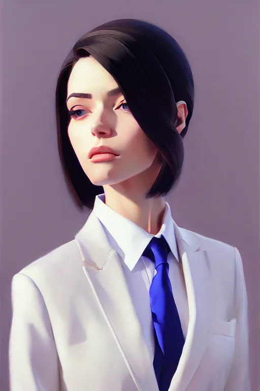 Image similar to a ultradetailed beautiful panting of a stylish woman wearing a oversized suit with a tie, oil painting, by ilya kuvshinov, greg rutkowski and makoto shinkai, trending on artstation