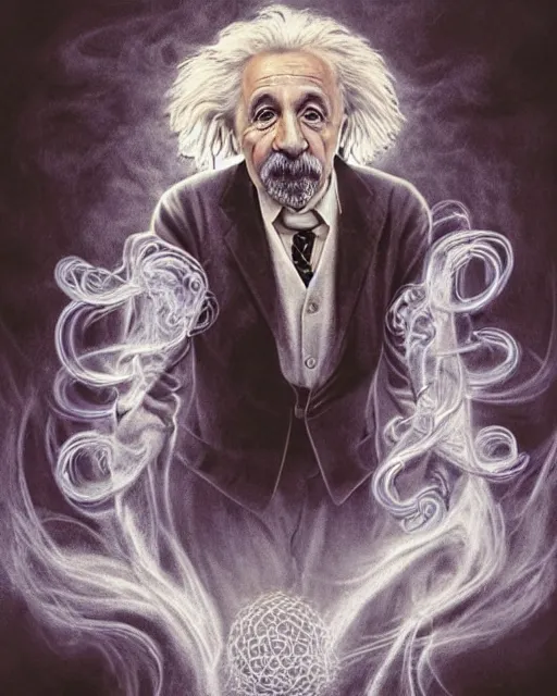 Image similar to a highly detailed portrait of Einstein as a devious male magician radiating a powerful energy aura, ornate back tuxedo, wispy tendrils of smoke, swirling vortex of energy, performance art, intricate, digital painting, old english, raining, sepia, particles floating, whimsical background by marc simonetti, art by artgerm and greg rutkowski and alphonse mucha