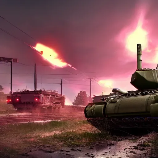 Image similar to a tank in battlefield 4 by simon stalenhag and robbert sammelin and eric persson and, 4 k, hdr, tonemapping, detailed, atmospheric, majestical lighting
