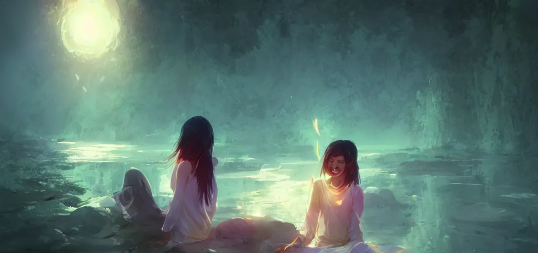 Image similar to Young Himalayan woman floating psychically amused as if discovering her powers for the first time | night time scene, plain walls |light hearted, white eyes, long messy hair | gentle lighting, futuristic, dim lighting, digital art by Makoto Shinkai ilya kuvshinov and Wojtek Fus, digital art, concept art,