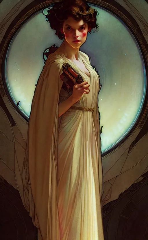 Image similar to girl wearing gown gorgeous lighting by weta studio, mucha, bautista and norman rockwell and greg rutkowski and tom bagshaw and james gurney and lucasfilm