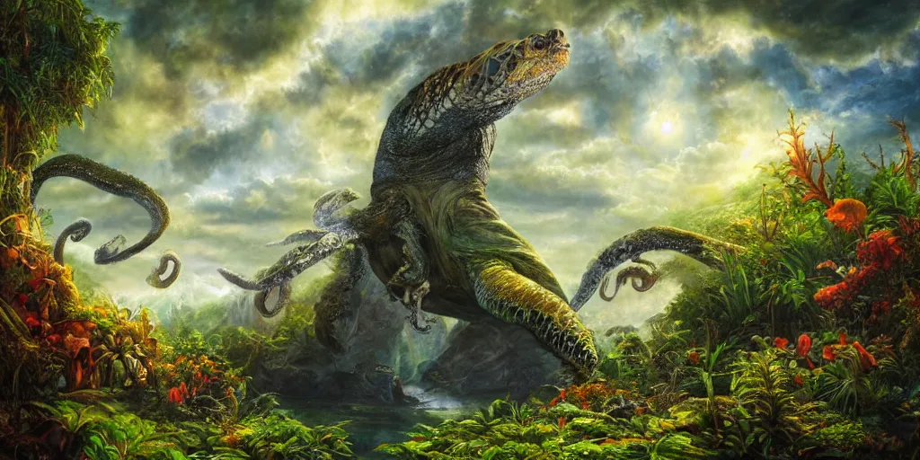 Image similar to fantasy oil painting, great leviathan, turtle cephalopod terrapin reptilian pachyderm amphibian hybrid, rainforest mountains, lush plants flowers, epic natural light, bright clouds, luminous sky, outer worlds, cinematic lighting, michael cheval, michael whelan, vray, 8 k hd