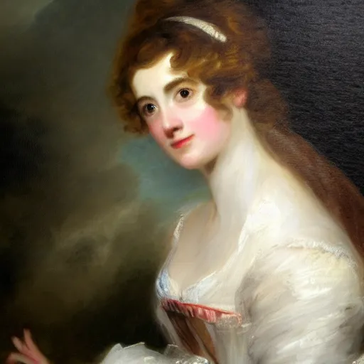 Prompt: A detailed oil painting of a beautiful Regency-era girl by Thomas Lawrence. The girl wears a 1810's style gown with the Empire silhouette.