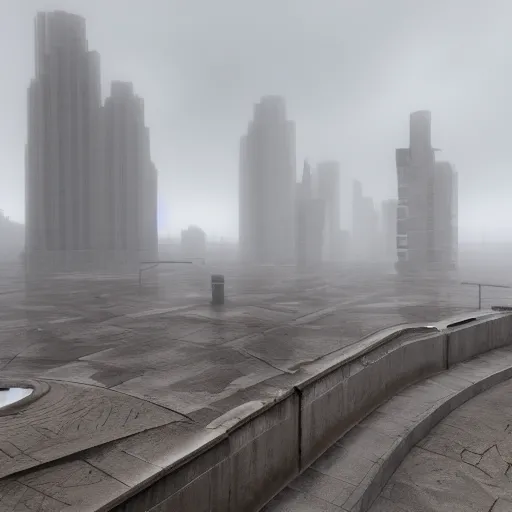 Prompt: wide - angle view of a deserted city with brutalism architecture and stone buildings with overcast and foggy weather. detailed, ultra - realistic, 4 k.