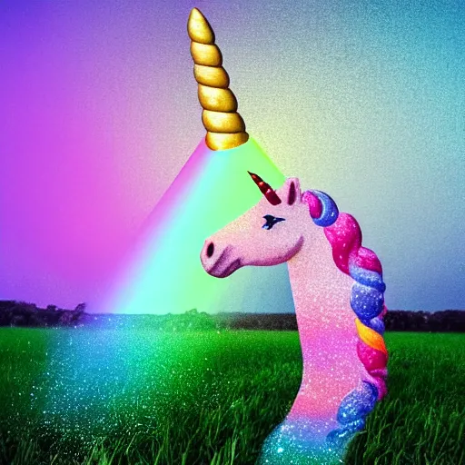 Image similar to an ultra high definition pastel coloured wildlife photograph of a magic unicorn with a glittery magic horn eating an ice cream in a magical field. refraction, volumetric lighting iridescence.