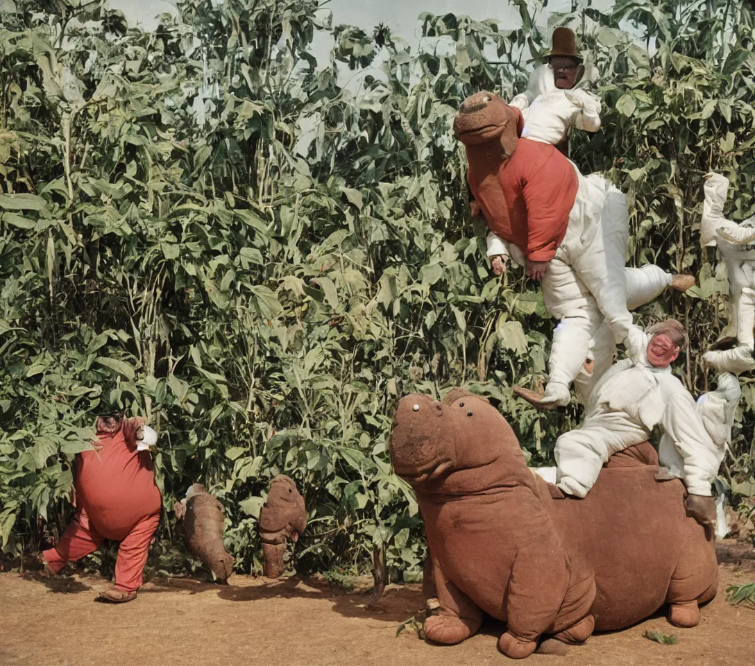 Image similar to a 3 5 mm photography, kodachrome colour, of grandpa with white michelin man costume, riding a hippo, strange creatures and alien plants around, photos taken by martin parr