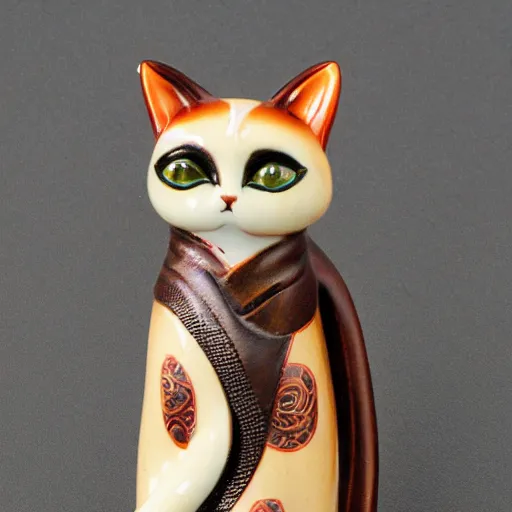 Prompt: elegant seductive anthropomorphic cat figurine wearing a kimono, cast brown resin, toggles, very highly detailed, intricate, monotone, shy looking down