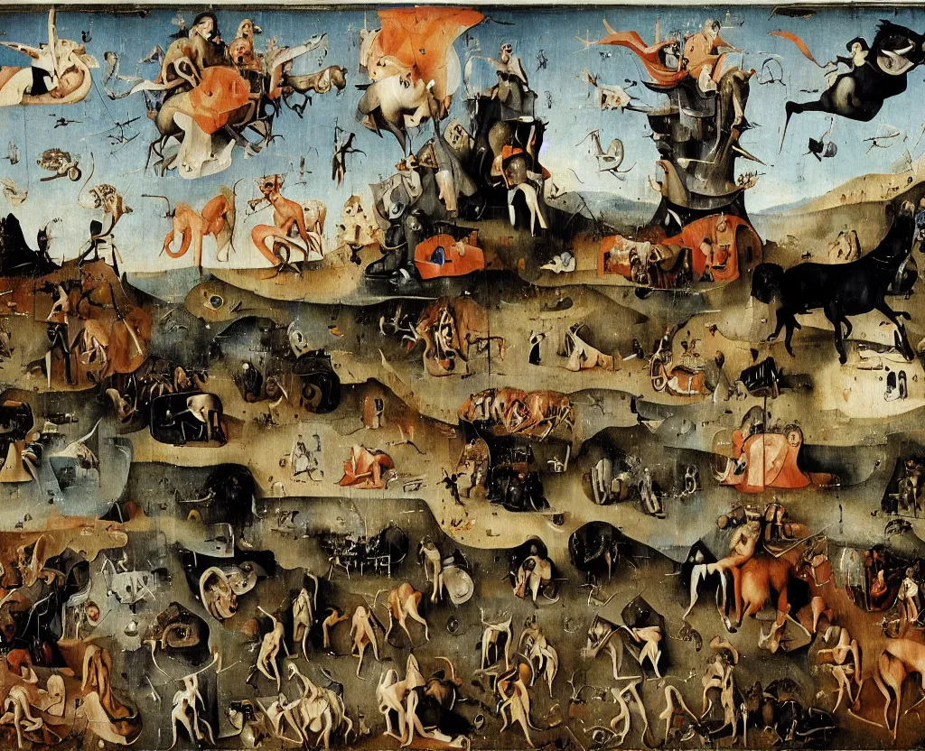 Image similar to the four horsemen of the apocalypse in a modern industrial park as by hieronymus bosch