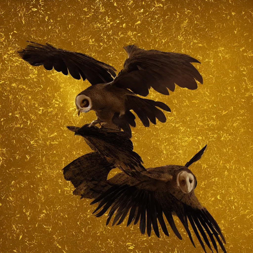 Prompt: flying barn owl with feathers made of gold leaf, losing feathers, dark forest, black background, light leaks, light bloom, octane render, dramatic action shot