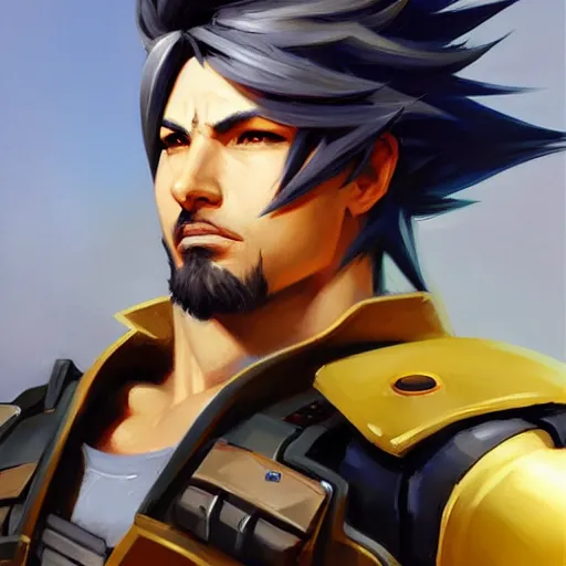 Image similar to Greg Manchess portrait painting o Cloud Strife as Overwatch character, medium shot, asymmetrical, profile picture, Organic Painting, sunny day, Matte Painting, bold shapes, hard edges, street art, trending on artstation, by Huang Guangjian and Gil Elvgren and Sachin Teng