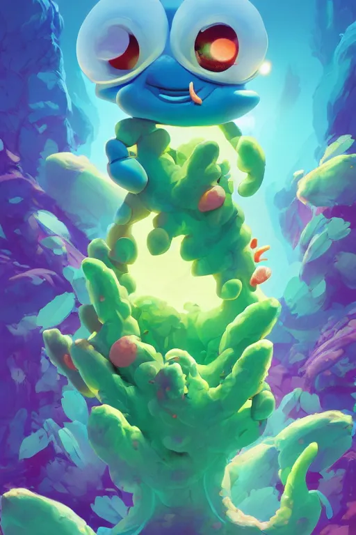 Image similar to smurf ghost creature animal sushi cristal very big eye roots cactus elemental flush of force nature micro world fluo fishscale, behance hd by jesper ejsing, by rhads, makoto shinkai and lois van baarle, ilya kuvshinov, rossdraws radiating a glowing aura global illumination ray tracing hdr