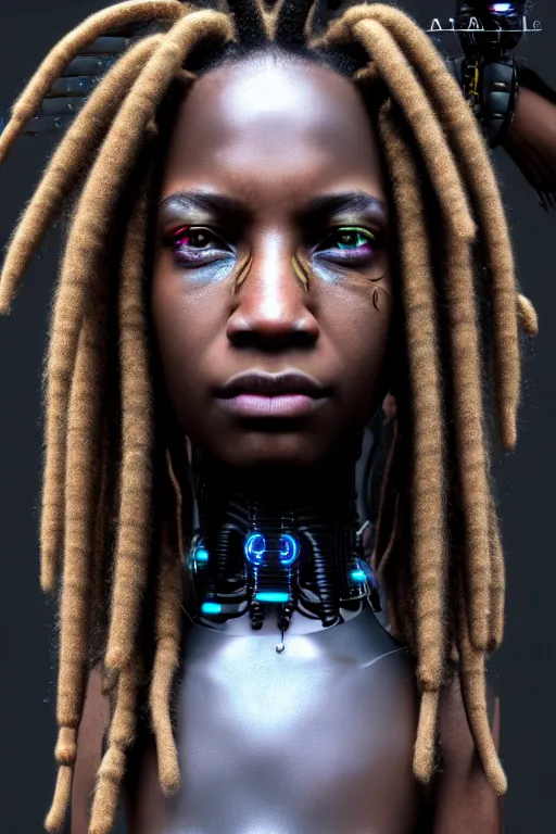 Image similar to a very detailed portrait of a young cyberpunk Africanchild with dreadlocks, biot ech, machine, photorealistic, highly detailed rendering with a cyberpunk style_ robotic arms MetaHuman, unreal engine, defined cheekbones, dramatic cinematic lighting