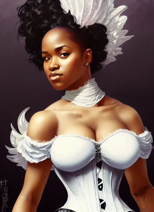 Image similar to cute black woman wearing a white corset dress, fantasy, intricate, highly detailed, digital painting, artstation, concept art, wallpaper, smooth, sharp focus, illustration, art by artgerm and greg rutkowski and alphonse mucha