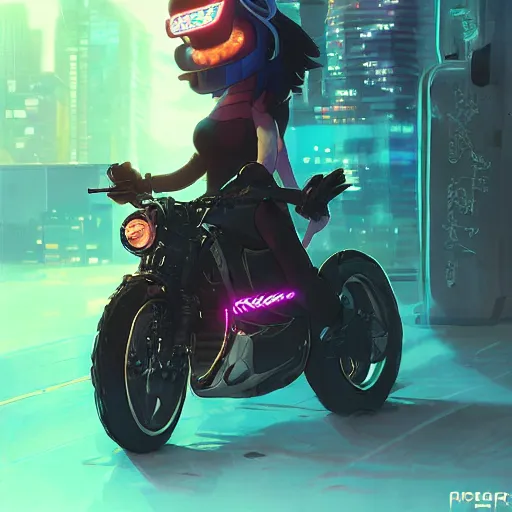 Image similar to Portrait of a cyberpunk furry girl sitting on a motorcycle, mattepainting concept pixar maya engine on stylized background splash comics global illumination lighting artstation lois van baarle, ilya kuvshinov, rossdraws