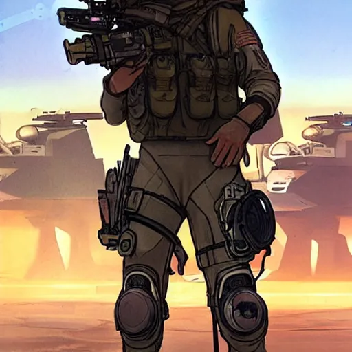 Prompt: Hector. USN special forces futuristic recon operator, cyberpunk headset, on patrol in the Australian neutral zone, deserted city landscape, skyline lit by flares. 2087. Concept art by James Gurney and Alphonso Mucha