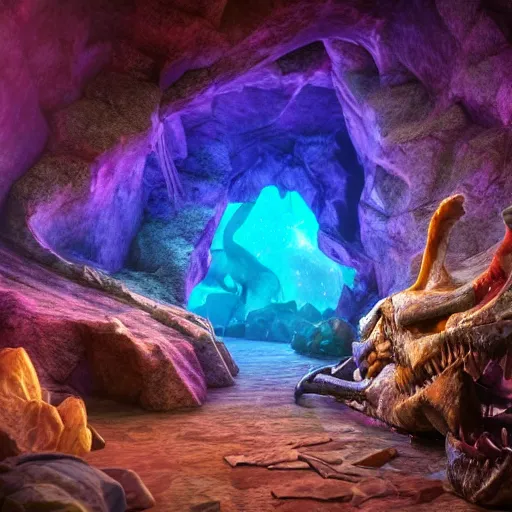 Image similar to photorealistic dinosaur skeleton inside a beautiful geode of colored crystals, volumetric lighting