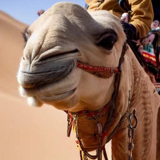 Prompt: close up shot of billie eilish riding a camel