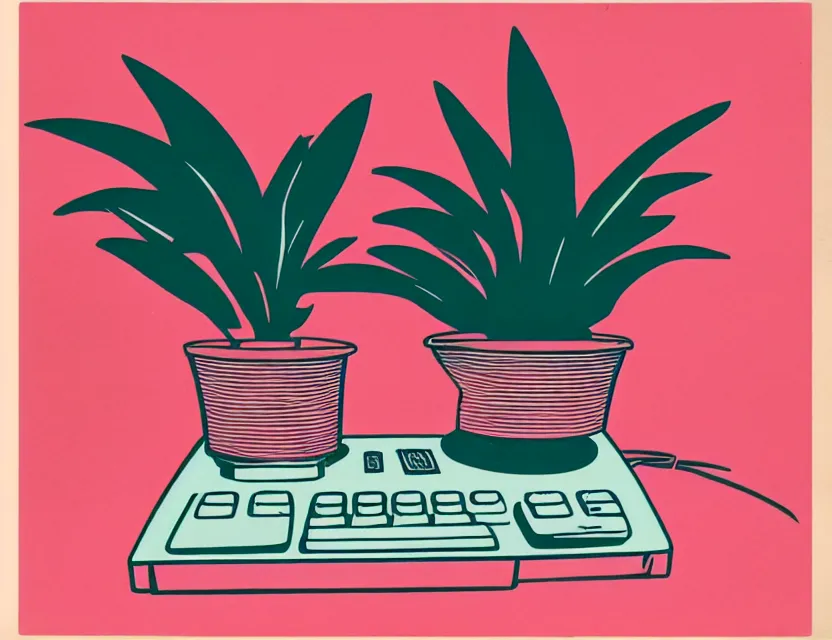 Image similar to 1 9 5 0 s risograph print of a retro computer on a table next to a potted plant, in shades of peach, pink, and teal gradient