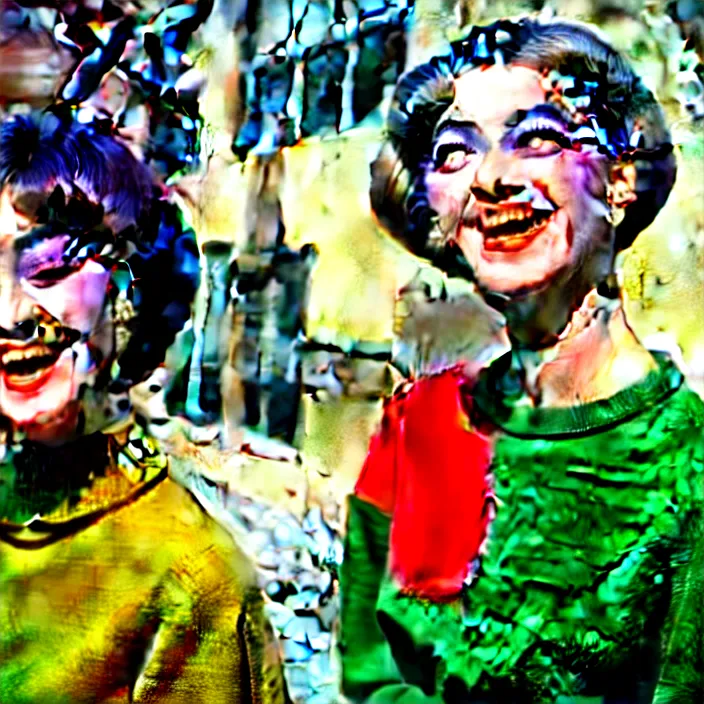 Image similar to ultra quality and ultra details, ultra great 1960s French color cinematography, ultra brilliant everything painting of a Ultra great portrait of a sarcastic yé-yé chanteuse with ultra great facial features, ultra greatly styled thick eyebrows, dark shadows under tired eyes, friendly bright eyes, sweater and shorts, laughing at the viewer, stylistically like old French youth movies from the 1960s, softly shadowed, enjoyable, with quality provio, student art project 1986.