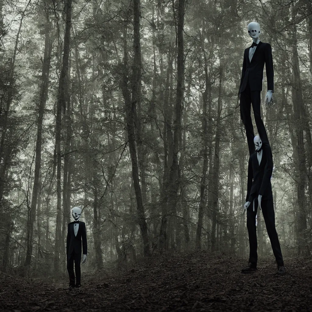 Image similar to cinematic still of slenderman in eerie dark forest, XF IQ4, f/1.4, ISO 200, 1/160s, 8K, RAW, dramatic lighting, symmetrical balance, in-frame