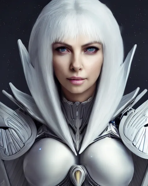 Prompt: perfect white haired attractive egyptian goddess with huge white dove wings, warframe armor, beautiful, symmetric, charlize theron, half asian, pretty face, blue eyes, detailed, scifi platform, laboratory, experiment, 4 k, ultra realistic, epic lighting, android body, illuminated, cinematic, masterpiece, art by akihito tsukushi, voidstar