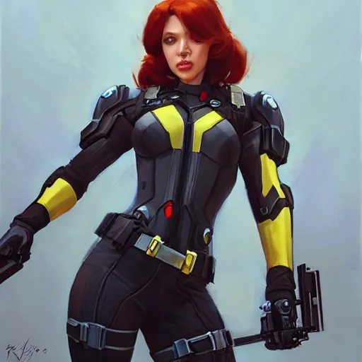 Image similar to greg manchess portrait painting of black widow as overwatch character, medium shot, asymmetrical, profile picture, organic painting, sunny day, matte painting, bold shapes, hard edges, street art, trending on artstation, by huang guangjian and gil elvgren and sachin teng