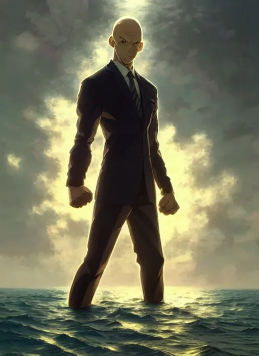 Image similar to gigachad luigi clenched fist punching like saitama wearing a suit in the ocean, fantasy character portrait, ultra realistic, anime key visual, concept art, intricate details, highly detailed by greg rutkowski, ilya kuvshinov, gaston bussiere, craig mullins, simon bisley