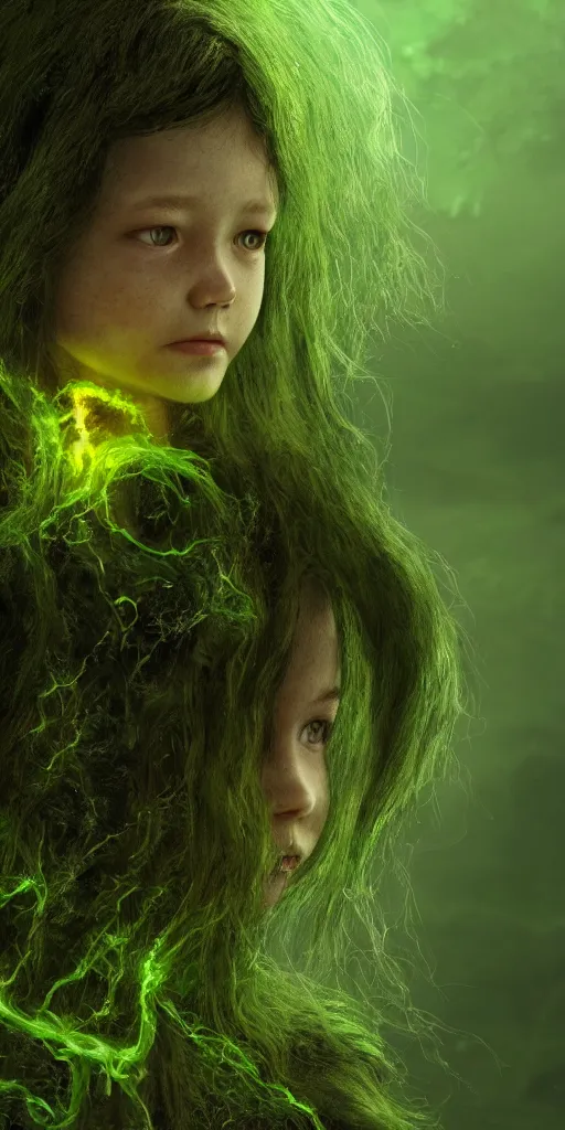 Image similar to little girl with hair made of green fire, surrounded by a green forrest, moody , lovecraft, giger, ridley scott, zack snyder, Fenghua Zhong, realistic cinematic lighting, establishing action shot, ultra detailed, hyper realism, photo, octane render