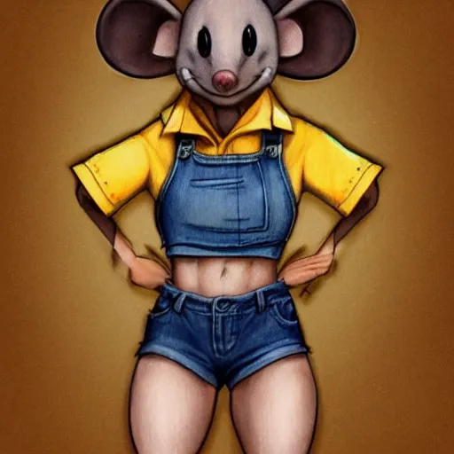 Image similar to anthropomorphic mouse wearing denim short shorts and yellow tank top, highly detailed, artgerm style, artstation, soft light, sharp focus, illustration, character design, concept art