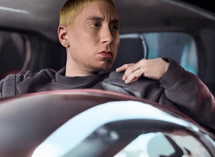 Prompt: a very high resolution image from a new movie, eminem in a car car. inside of a car. alone. mountains, directed by wes anderson