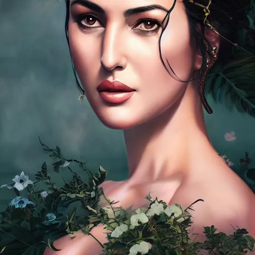 Image similar to realistic detailed semirealism Monica Bellucci as Persephone, 4K high resolution quality artstyle professional artists WLOP, Aztodio, Taejune Kim, Guweiz, Pixiv, Instagram, Artstation