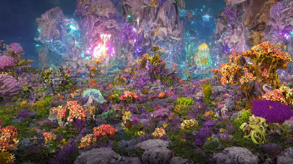 Prompt: ! dream a centered render of intricate modular synthesizer of dargon, shining its light across a tumultuous sea of flowers, undersea animals and one gothic crystal temple by dorothea tanning and salvador dali, trending on artstation, cyber punk, soft color, unreal engine, high detailed, 8 k