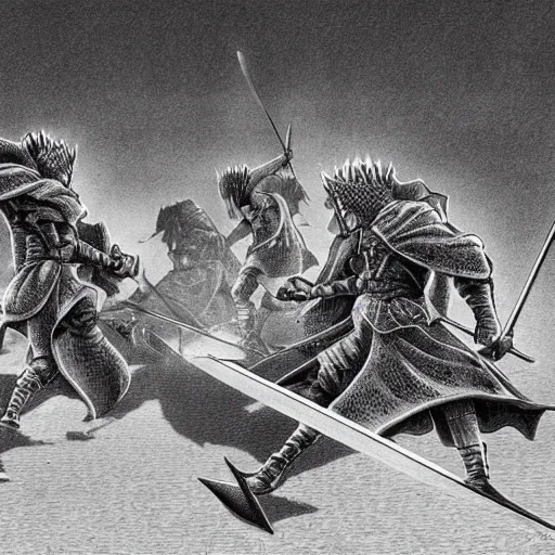 Prompt: duel of knights in the style of kentaro miura, 4 k, 8 k, absolute detailing of even the smallest details and particles, beautiful shadows, beautiful art, black and white drawing