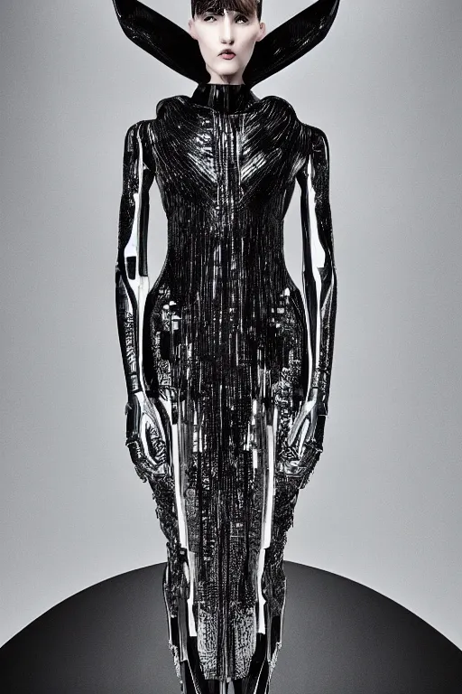 Prompt: futuristic haute couture dress styled by iris van herpin, yoji shinkawa, sharp detailed lines